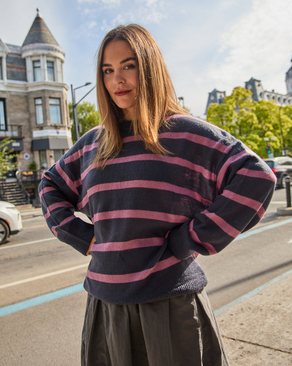 EVELYN - SWEATER, VINTAGE INDIGO AND PINK STRIPES