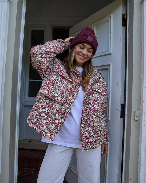 ISABELLA - MANTEAU MATELASSE, FLEURS CREME ET BOURGOGNE