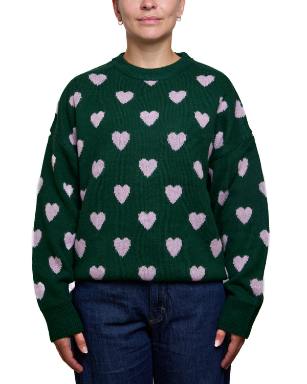 EVELYN - SWEATER, PINK HEARTS ON GREEN