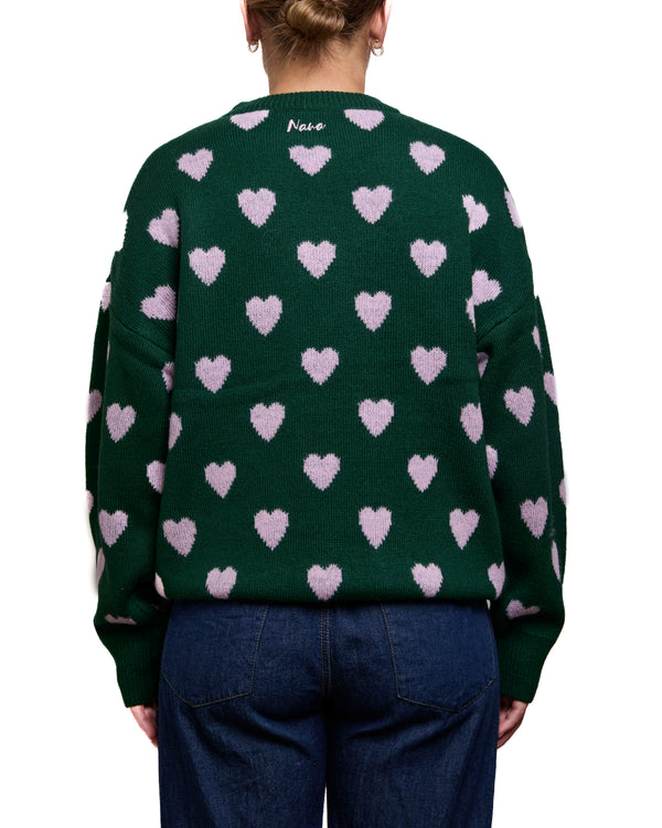 EVELYN - SWEATER, PINK HEARTS ON GREEN