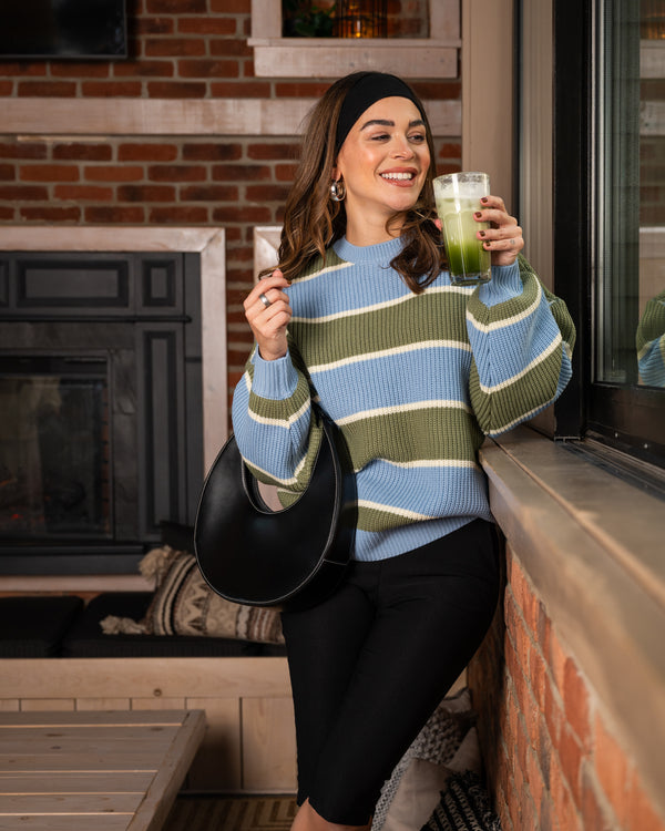 MELINA - SWEATER, OLIVE AND BLUE STRIPES