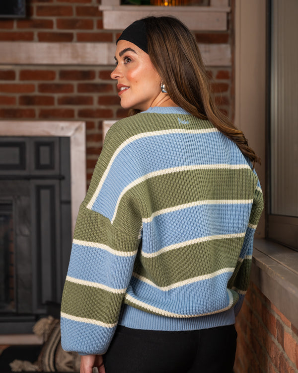 MELINA - SWEATER, OLIVE AND BLUE STRIPES