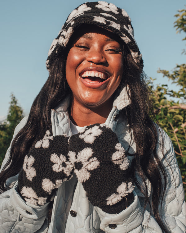 Floral print sherpa bucket hat