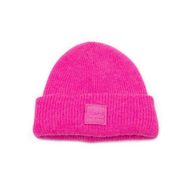 Super pink Beanie knited hat with Nana patch