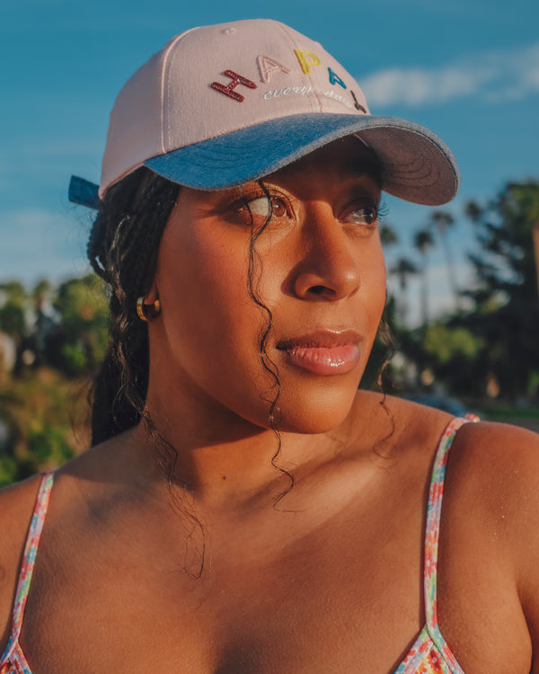 Baseball cap "HAPPY" light pink and denim blue / Casquette de baseball "HAPPY" rose pâle et bleu denim