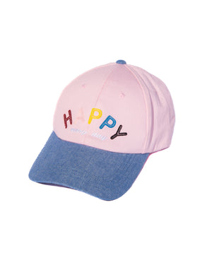 Casquette de baseball "HAPPY" rose pâle et bleu denim