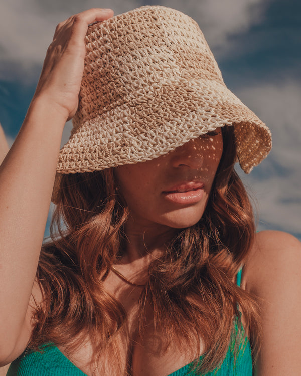 Beige checkered 100% PAPER STRAW BUCKET HAT