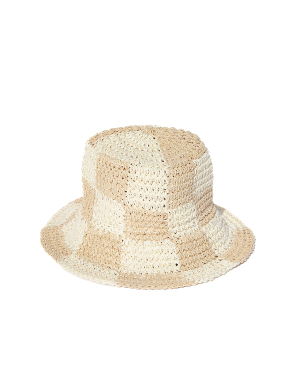 Beige checkered 100% PAPER STRAW BUCKET HAT