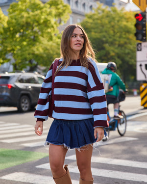 MELINA - SWEATER, BLUE LINES AND BURGUNDIES