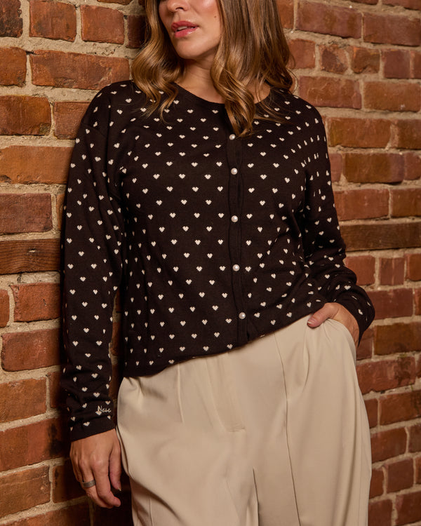 TYLA - CARDIGAN, BROWN, SMALL BEIGE HEARTS
