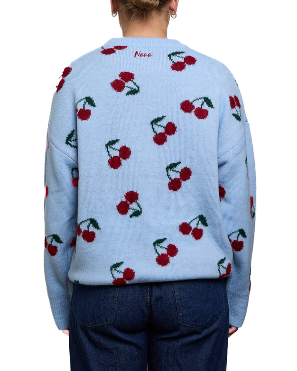 EVELYN - CHANDAIL, CERISES ROUGES SUR BLEU