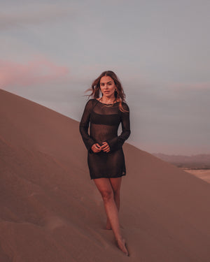 Robe crochet à manches longues noire