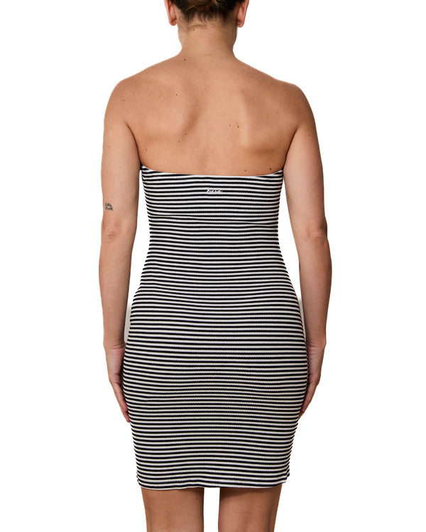 TARA - BANDEAU DRESS, BLACK AND WHITE STRIPES
