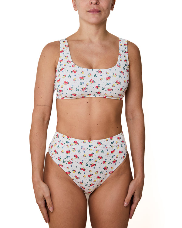 GENEVIEVE - BIKINI TOP, FLOWERS AND POLKA DOTS RIBBED