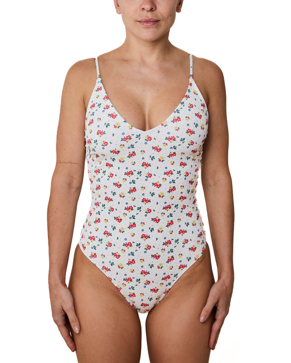 ANNE - ONE-PIECE SWIMSUIT, FLOWERS AND POLKA DOTS RIBBED