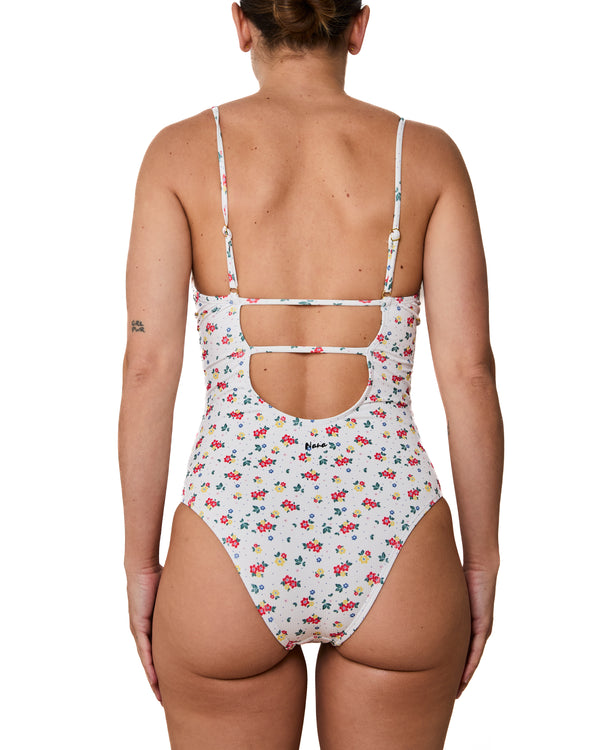 ANNE - ONE-PIECE SWIMSUIT, FLOWERS AND POLKA DOTS RIBBED