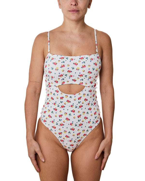 SAMANTHA - ONE-PIECE SWIMSUIT, FLOWERS AND POLKA DOTS RIBBED