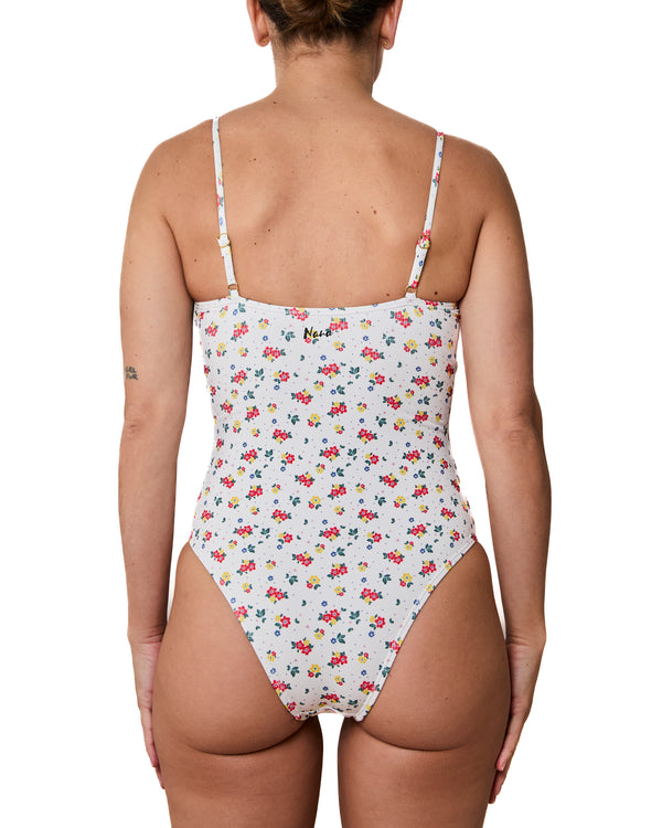 SAMANTHA - ONE-PIECE SWIMSUIT, FLOWERS AND POLKA DOTS RIBBED