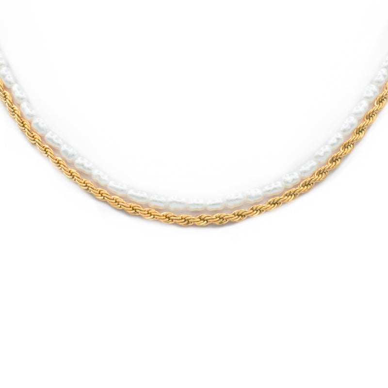 Double necklace twisted chain and pearl gold plated