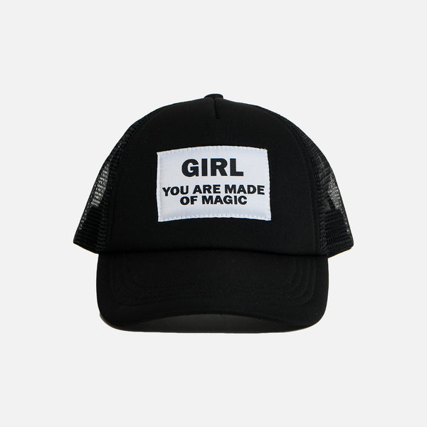 BLACK TRUCKER CAP WITH EMPOWERING QUOTE