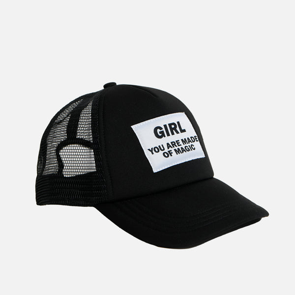 BLACK TRUCKER CAP WITH EMPOWERING QUOTE