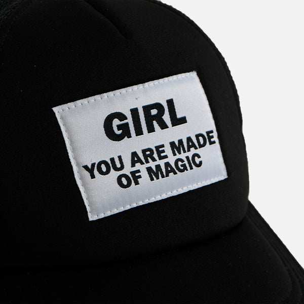 BLACK TRUCKER CAP WITH EMPOWERING QUOTE