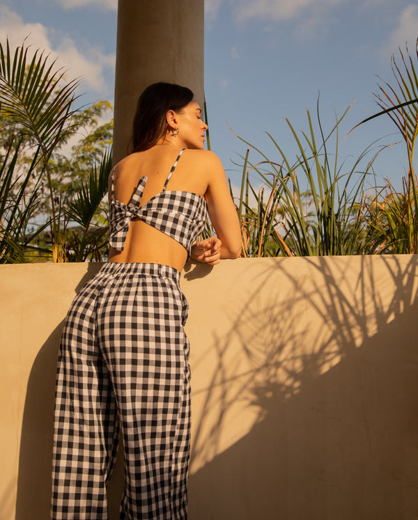 Pantalon large bleu vichy